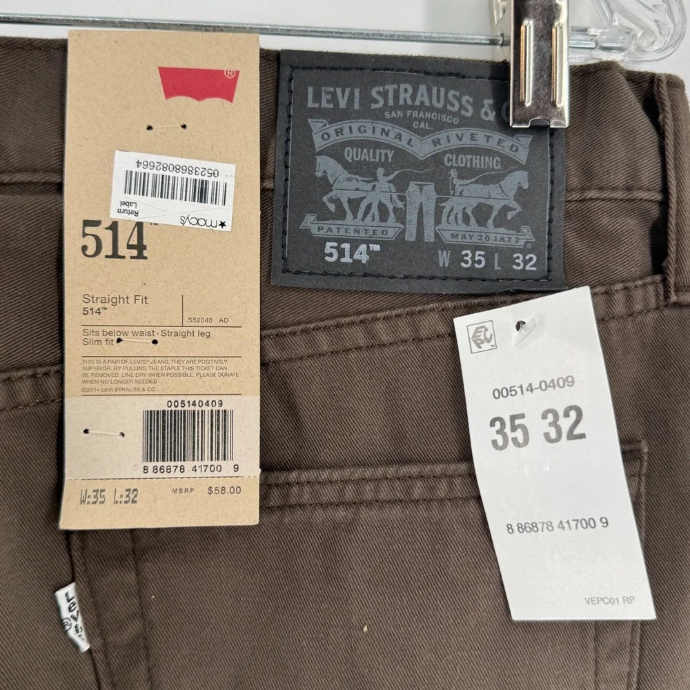 Levis 514 Mens Brown Straight Fit Pants 35x32 NWT 00514-0409 Cotton Twill